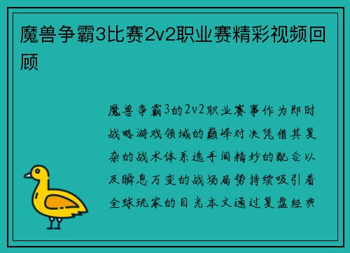 魔兽争霸3比赛2v2职业赛精彩视频回顾